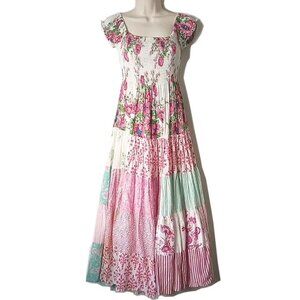 Positano Smocked Cotton Flounce Midi Dress OS XS/S Floral Patchwork